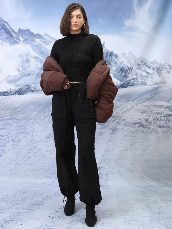  Tokyo Talkies Women Black Mock Collar Sweaters