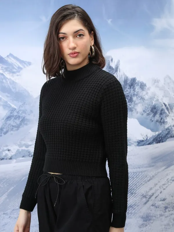  Tokyo Talkies Women Black Mock Collar Sweaters
