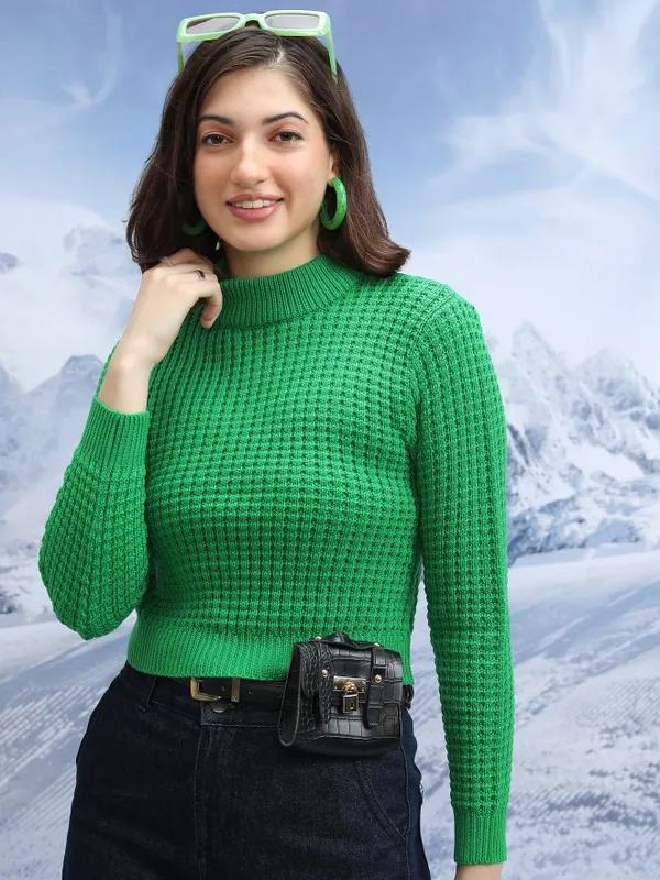  Tokyo Talkies Women Green Mock Collar Sweaters