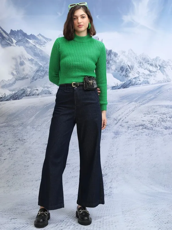  Tokyo Talkies Women Green Mock Collar Sweaters