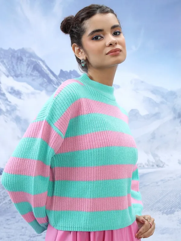  Tokyo Talkies Women Blue Mock Collar Sweaters
