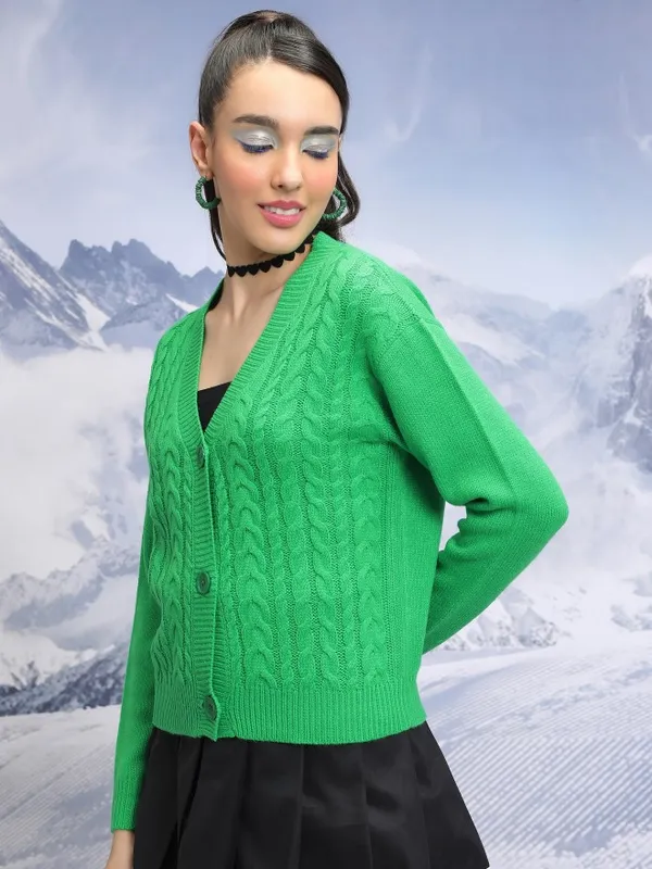  Tokyo Talkies Women Green V-Neck Sweaters