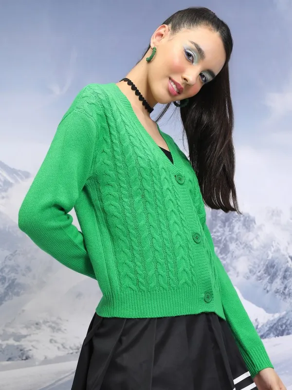  Tokyo Talkies Women Green V-Neck Sweaters