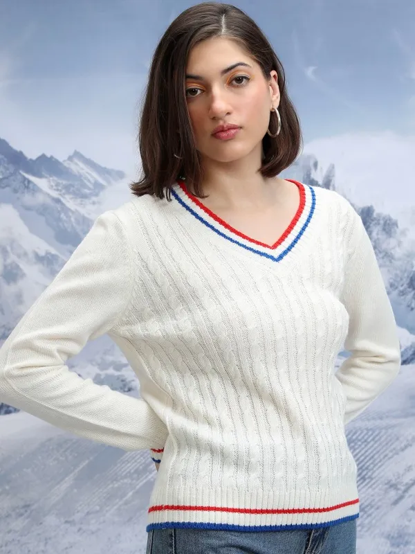  Tokyo Talkies Women White V-Neck Sweaters