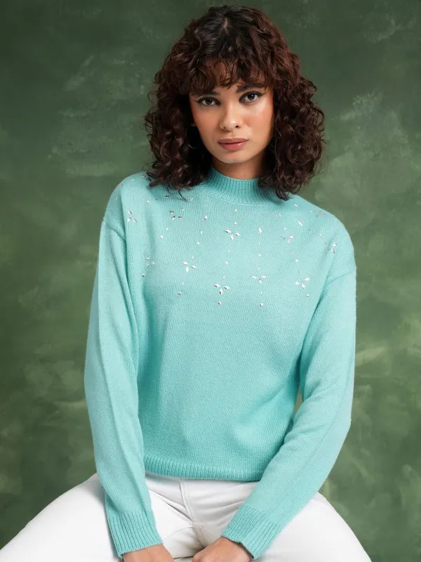 Tokyo Talkies Women Green Turtle Neck Sweaters