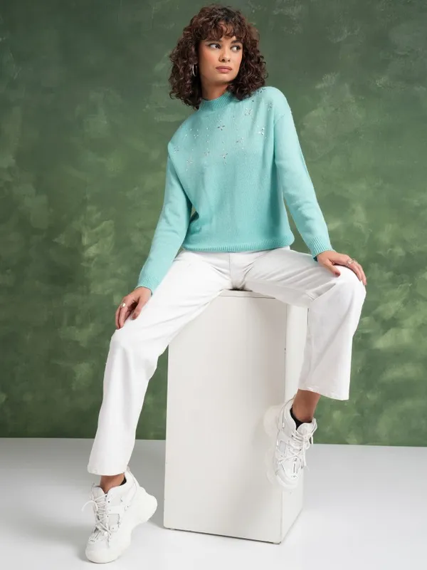 Tokyo Talkies Women Green Turtle Neck Sweaters