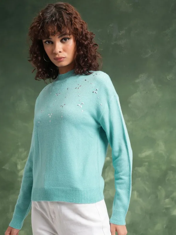 Tokyo Talkies Women Green Turtle Neck Sweaters