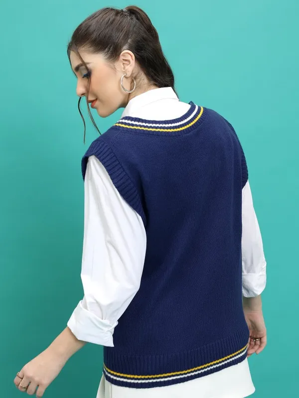  Tokyo Talkies Women Navy Blue V-Neck Sweaters