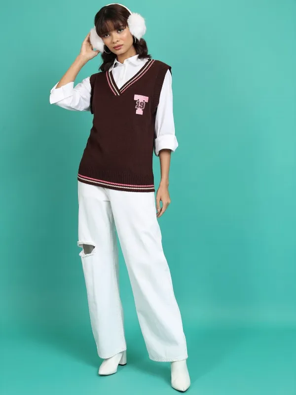  Tokyo Talkies Women Brown V-Neck Sweaters