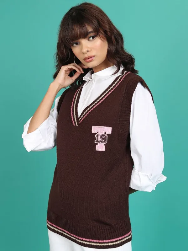  Tokyo Talkies Women Brown V-Neck Sweaters