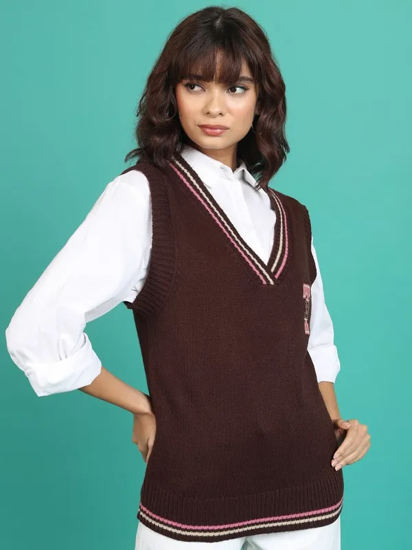  Tokyo Talkies Women Brown V-Neck Sweaters