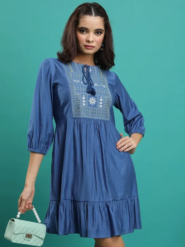  Vishudh  Women Navy Blue Embroidered A-Line Dresses