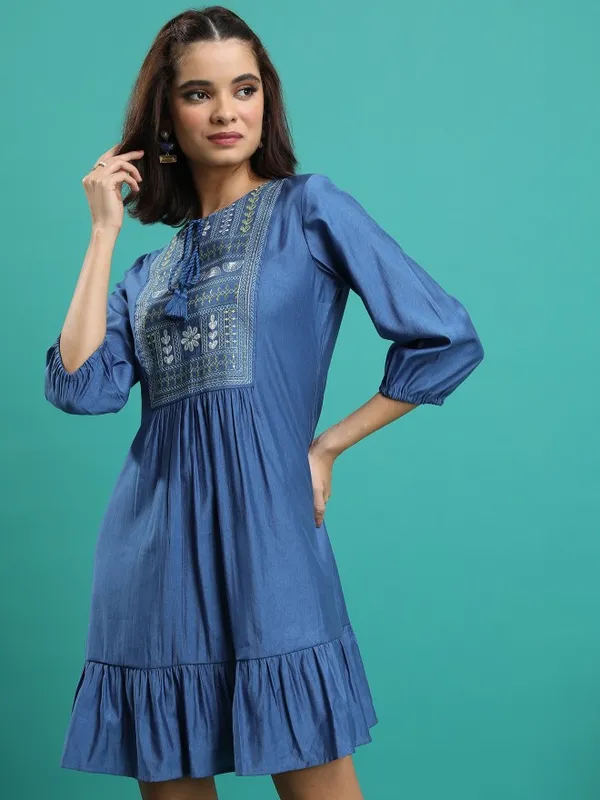  Vishudh  Women Navy Blue Embroidered A-Line Dresses