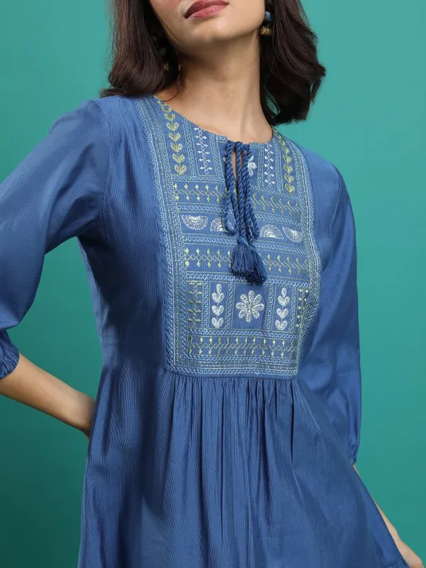  Vishudh  Women Navy Blue Embroidered A-Line Dresses