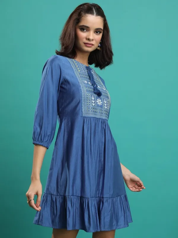  Vishudh  Women Navy Blue Embroidered A-Line Dresses
