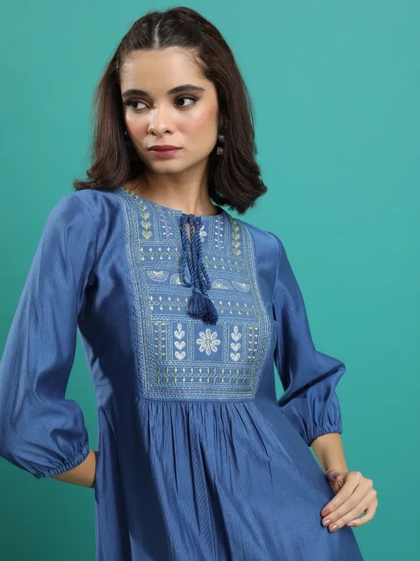  Vishudh  Women Navy Blue Embroidered A-Line Dresses