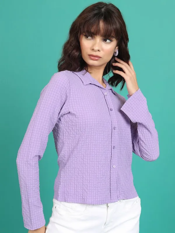 Tokyo Talkies Women Purple Self Design Casual Shirt