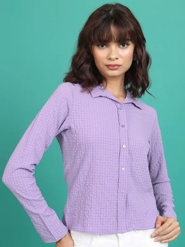 Tokyo Talkies Women Purple Self Design Casual Shirt