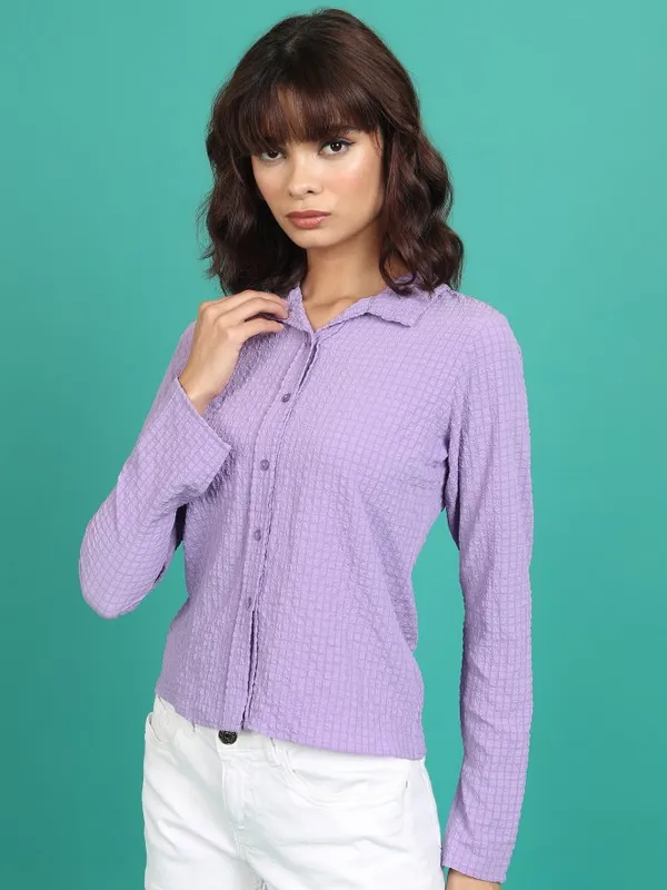 Tokyo Talkies Women Purple Self Design Casual Shirt