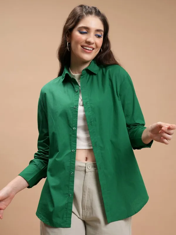Tokyo Talkies Women Green Solid Casual Shirt