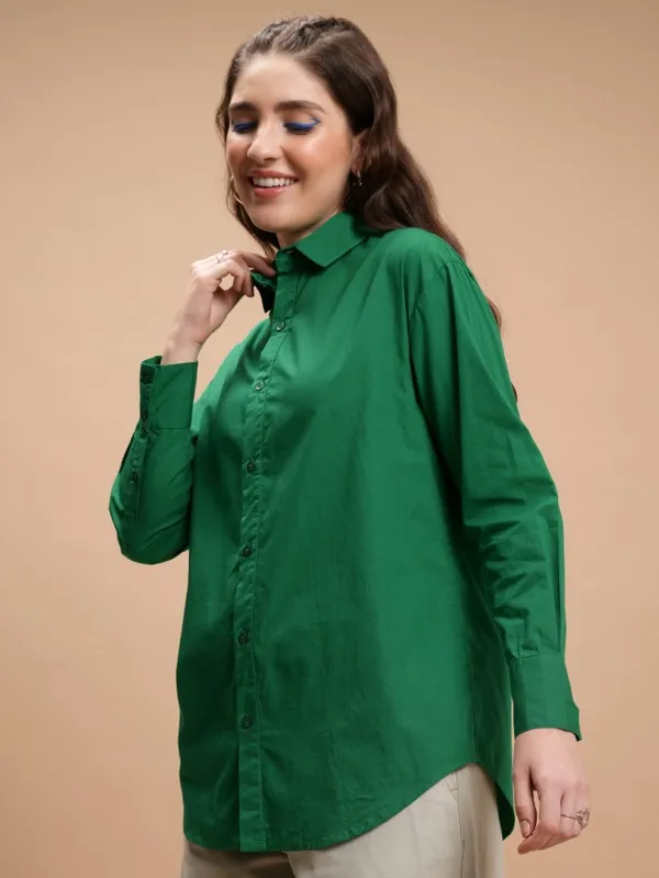Tokyo Talkies Women Green Solid Casual Shirt
