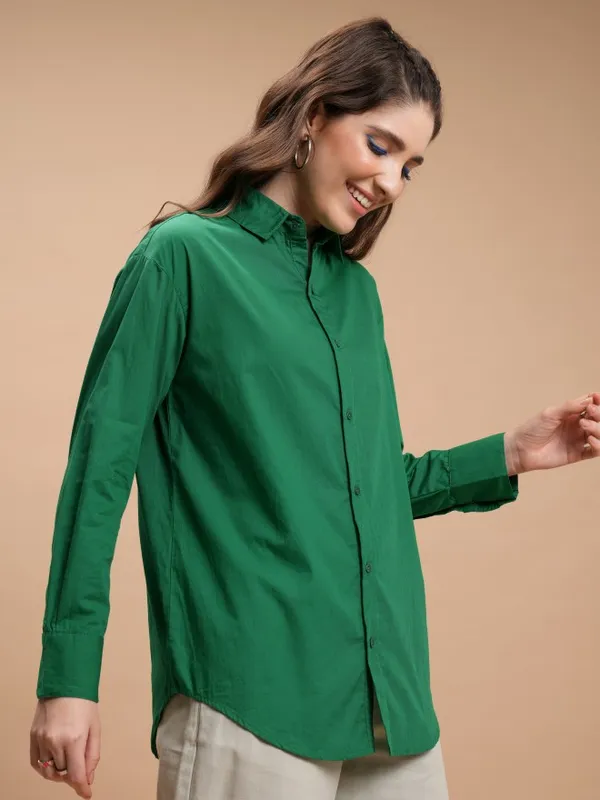 Tokyo Talkies Women Green Solid Casual Shirt