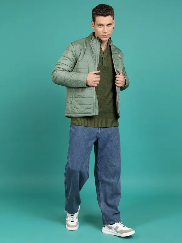 Highlander Men Olive Solid Padded Jacket