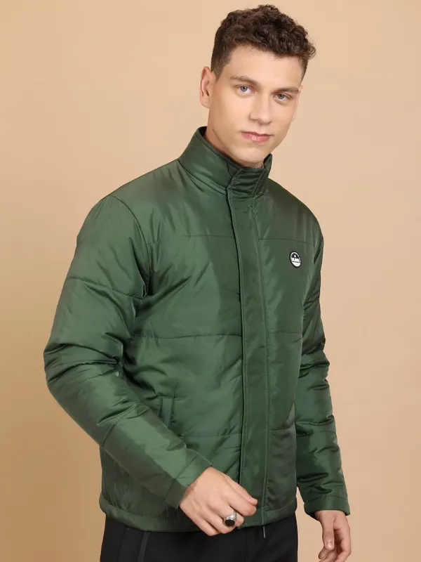 Highlander Men Olive Solid Padded Jacket