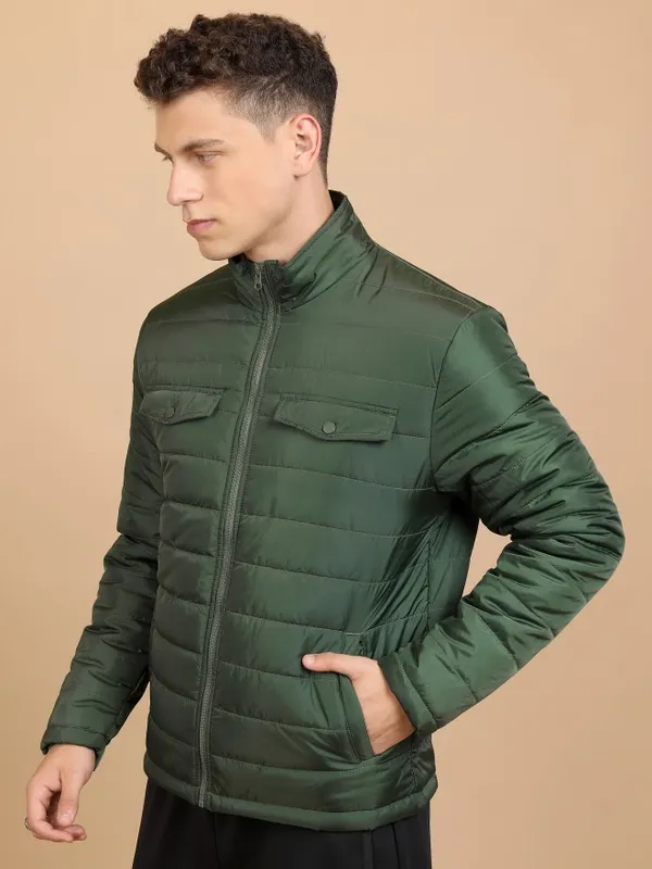 Highlander Men Olive Solid Padded Jacket