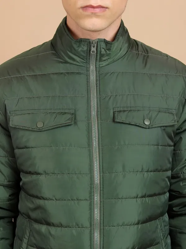 Highlander Men Olive Solid Padded Jacket
