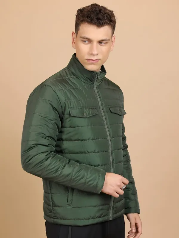 Highlander Men Olive Solid Padded Jacket