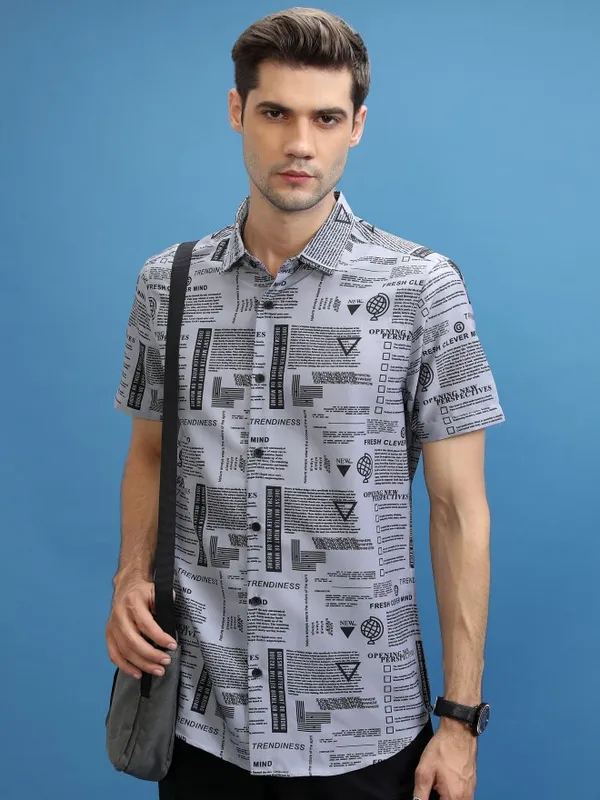 Ketch Men Grey Printed Slim Fit Casual Shirts
