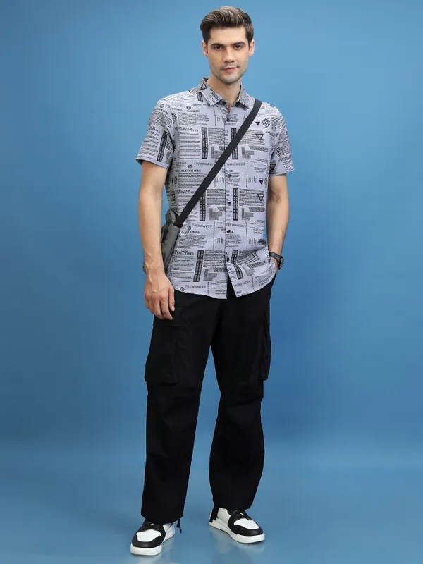  Ketch Men Grey Printed Slim Fit Casual Shirts