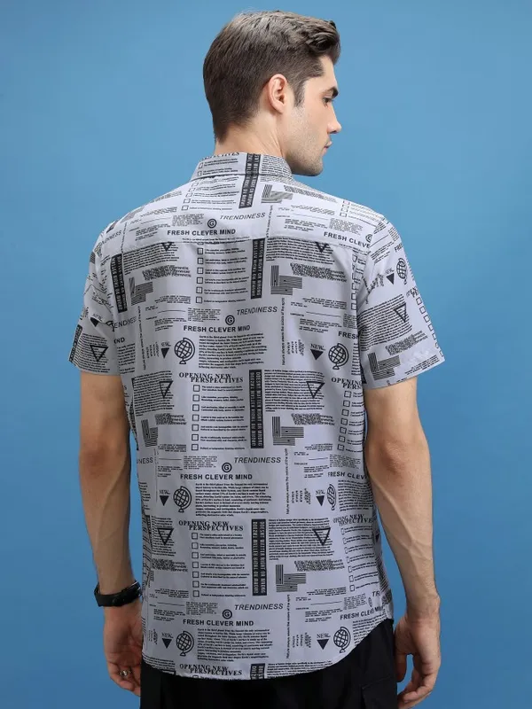  Ketch Men Grey Printed Slim Fit Casual Shirts