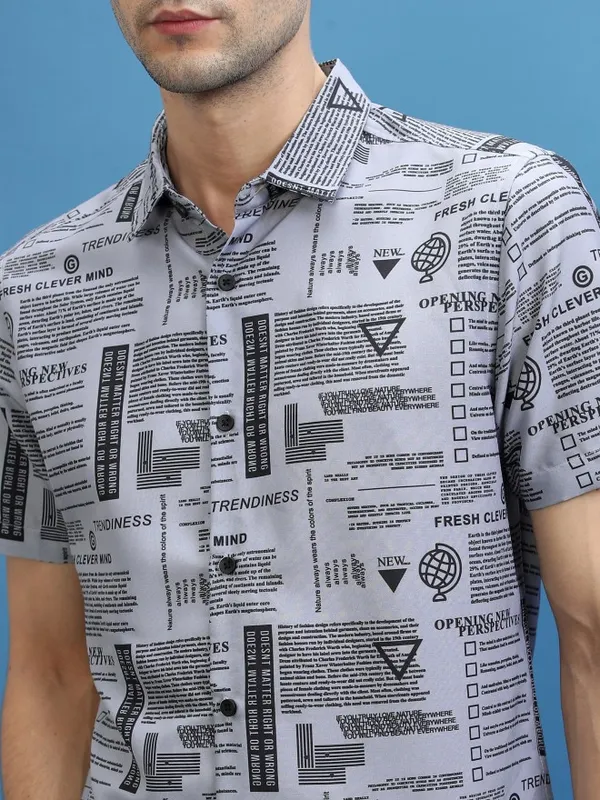  Ketch Men Grey Printed Slim Fit Casual Shirts