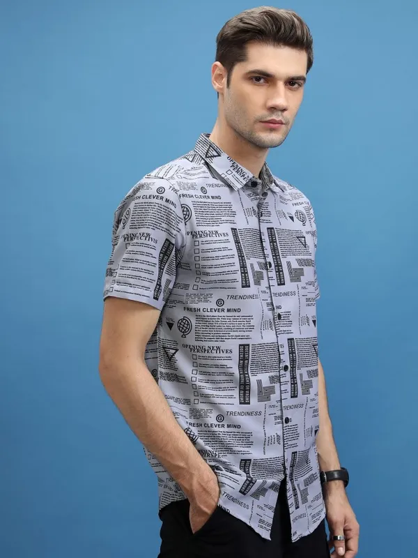  Ketch Men Grey Printed Slim Fit Casual Shirts