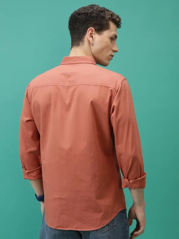  Highlander Men Terracotta Solid Slim Fit Casual Shirts
