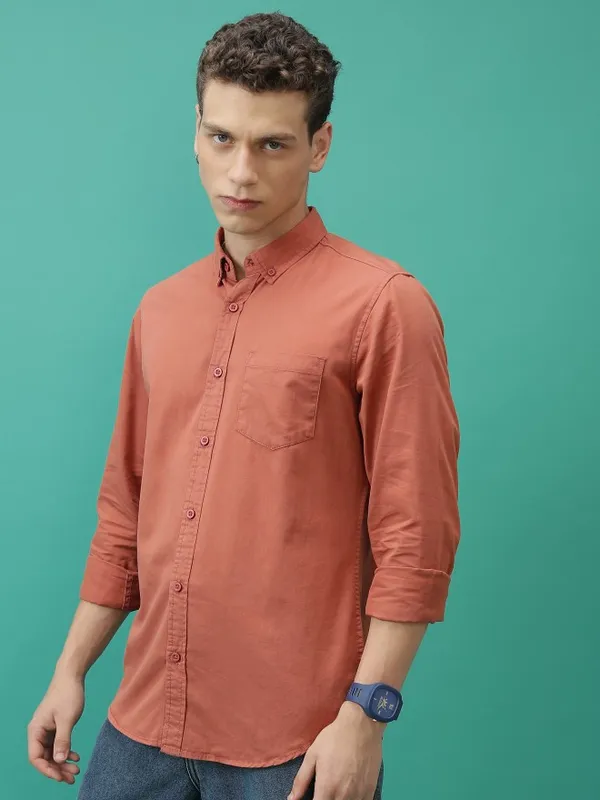  Highlander Men Terracotta Solid Slim Fit Casual Shirts