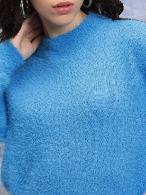  Tokyo Talkies Women Blue Mock Collar Sweaters