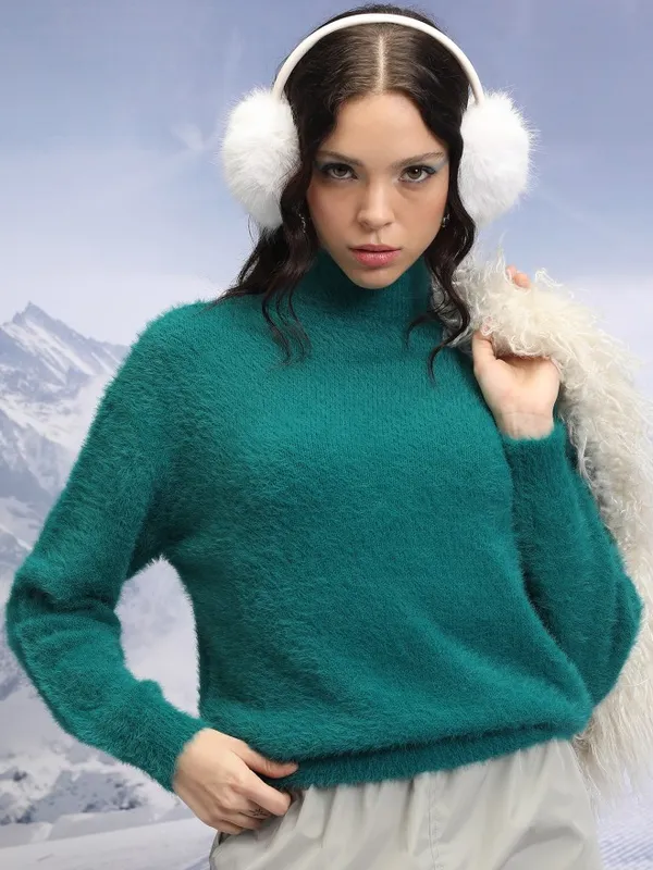  Tokyo Talkies Women Teal Turtle Neck Sweaters
