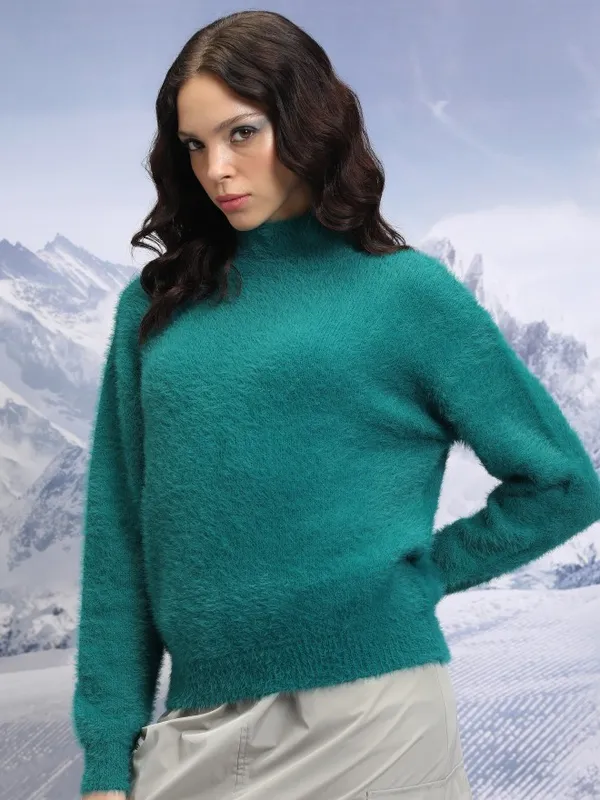 Tokyo Talkies Women Teal Turtle Neck Sweaters