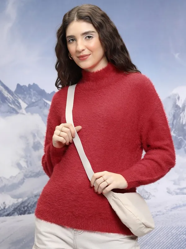Tokyo Talkies Women Red High Neck Sweaters