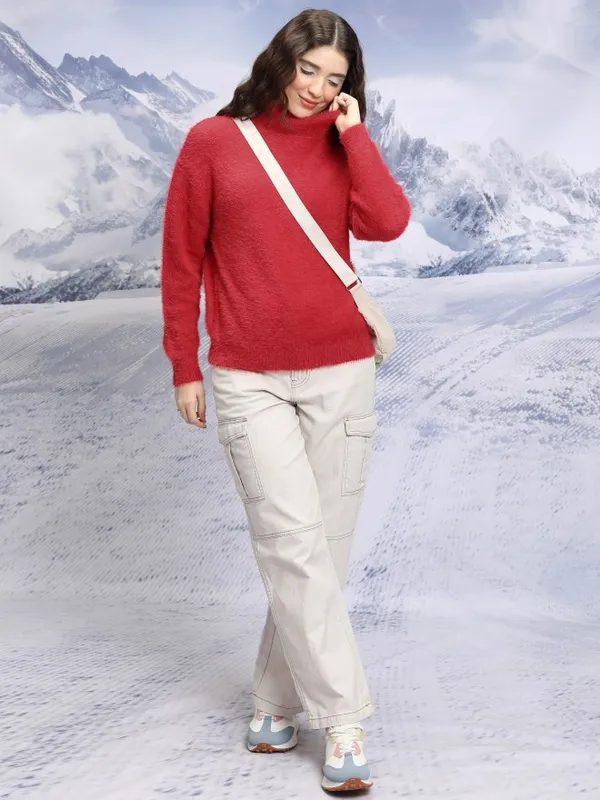 Tokyo Talkies Women Red High Neck Sweaters