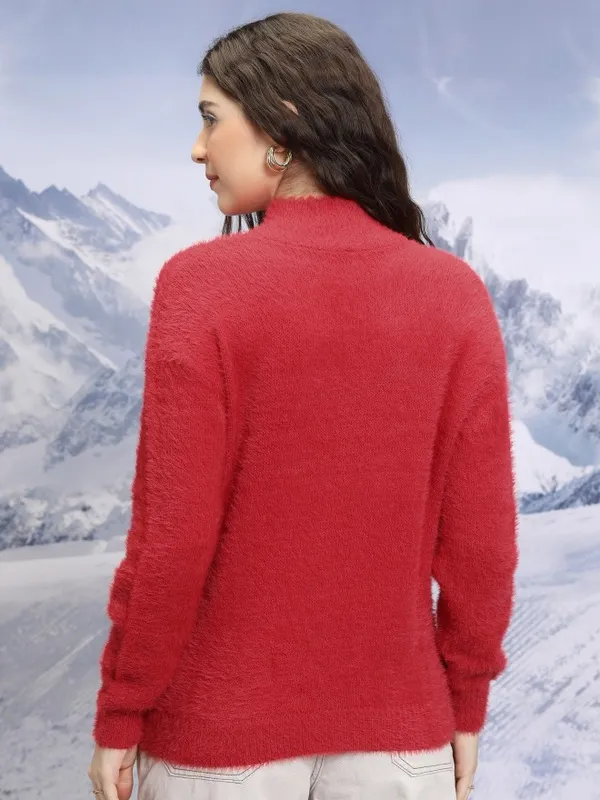 Tokyo Talkies Women Red High Neck Sweaters