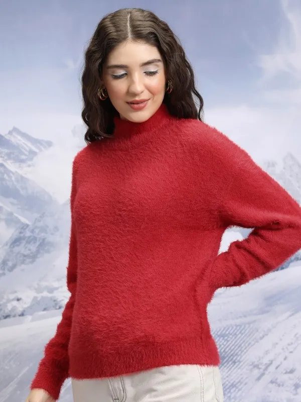 Tokyo Talkies Women Red High Neck Sweaters