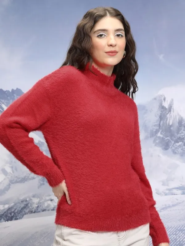 Tokyo Talkies Women Red High Neck Sweaters