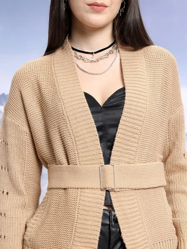  Tokyo Talkies Women Beige Shawl Neck Sweaters