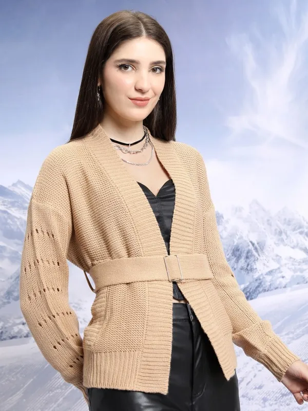  Tokyo Talkies Women Beige Shawl Neck Sweaters