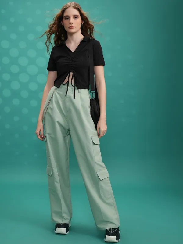  Tokyo Talkies Women Blue Solid Straight Fit Casual Trousers