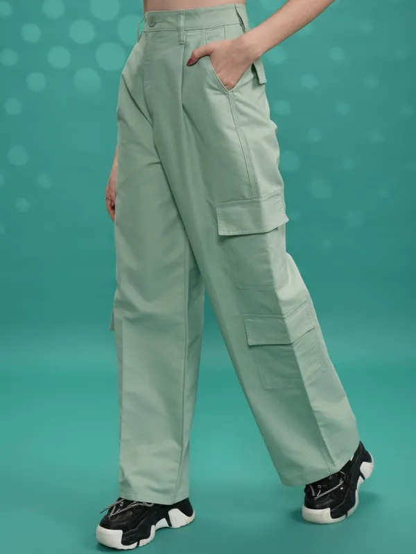  Tokyo Talkies Women Blue Solid Straight Fit Casual Trousers